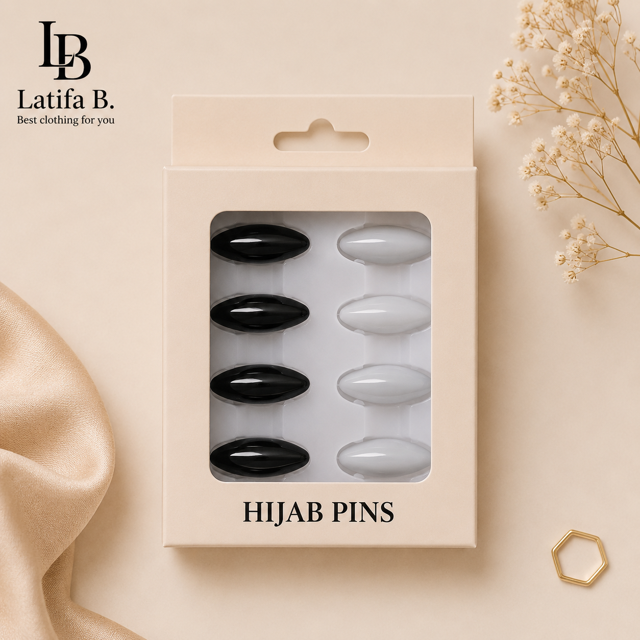 Épingles broches pour hijab – Noir / Blanc - Boîte de 8